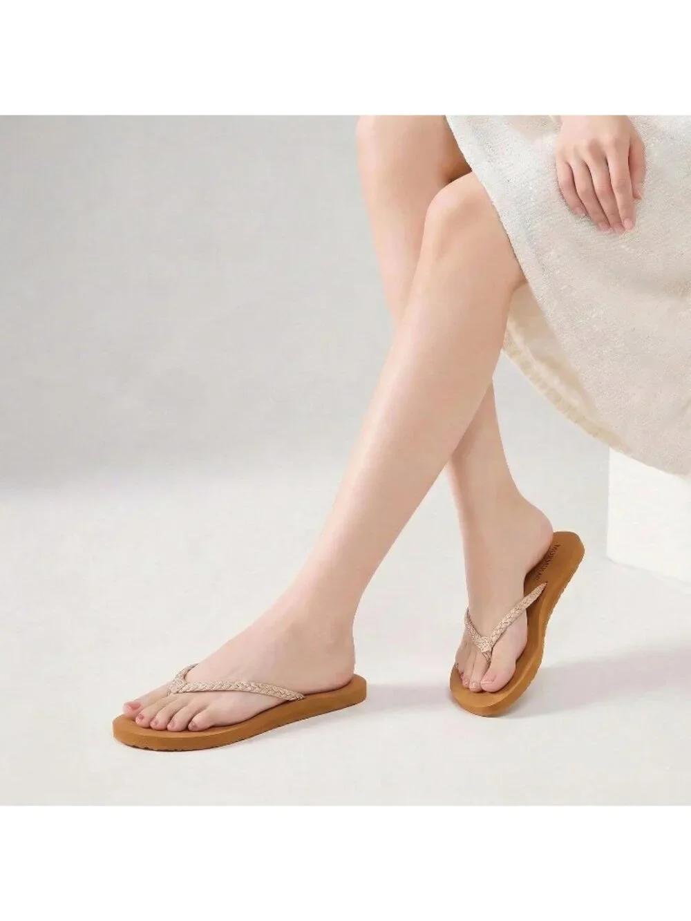 Women's Cream Summer Comfortable Slim Braided  Flip Flop Beach Thong Flat Sandal